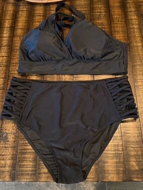 Women’s High-Waist Black Strappy Bikini Set